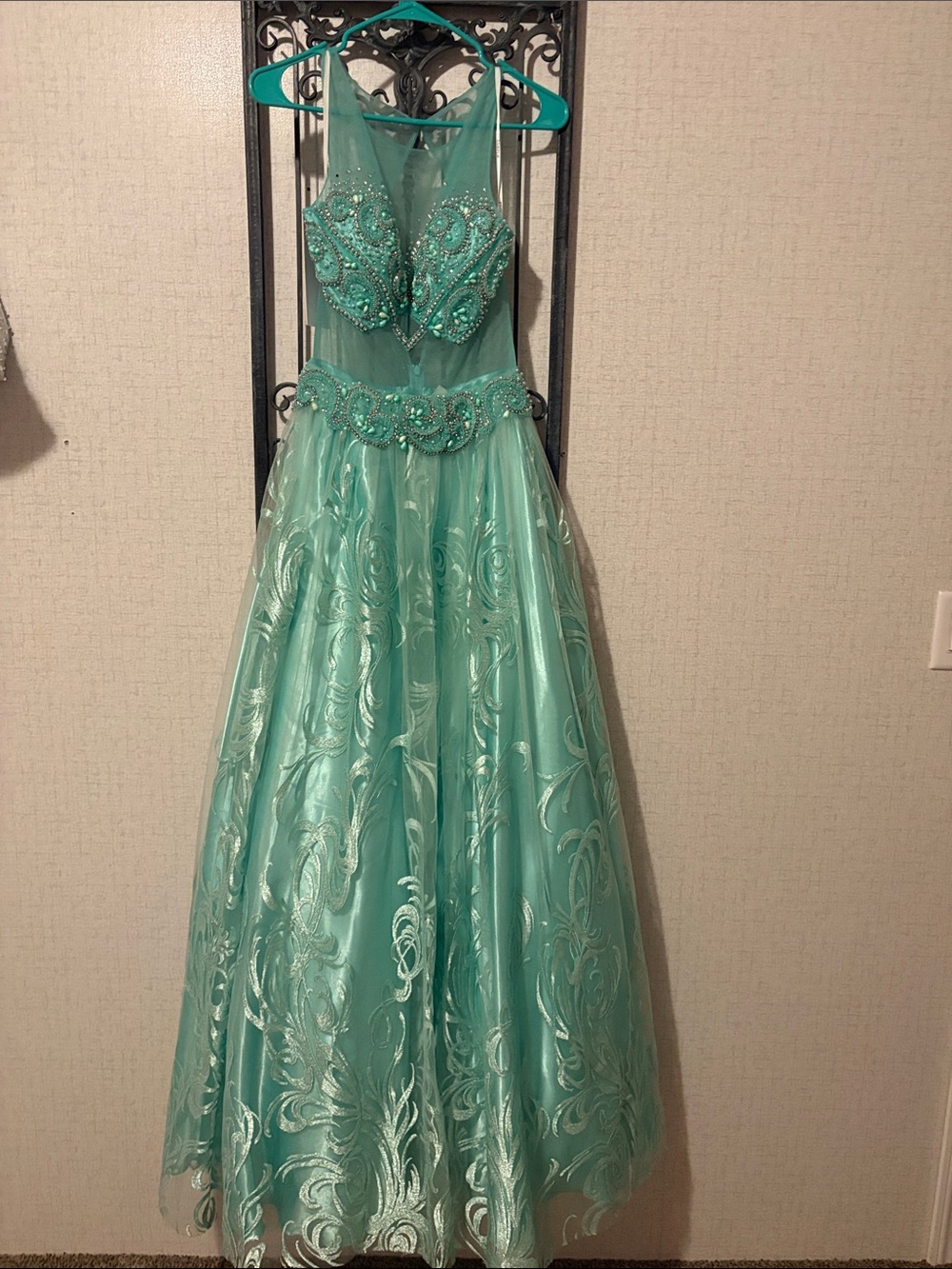 Jovani Teal Beaded Tulle Ball Gown
